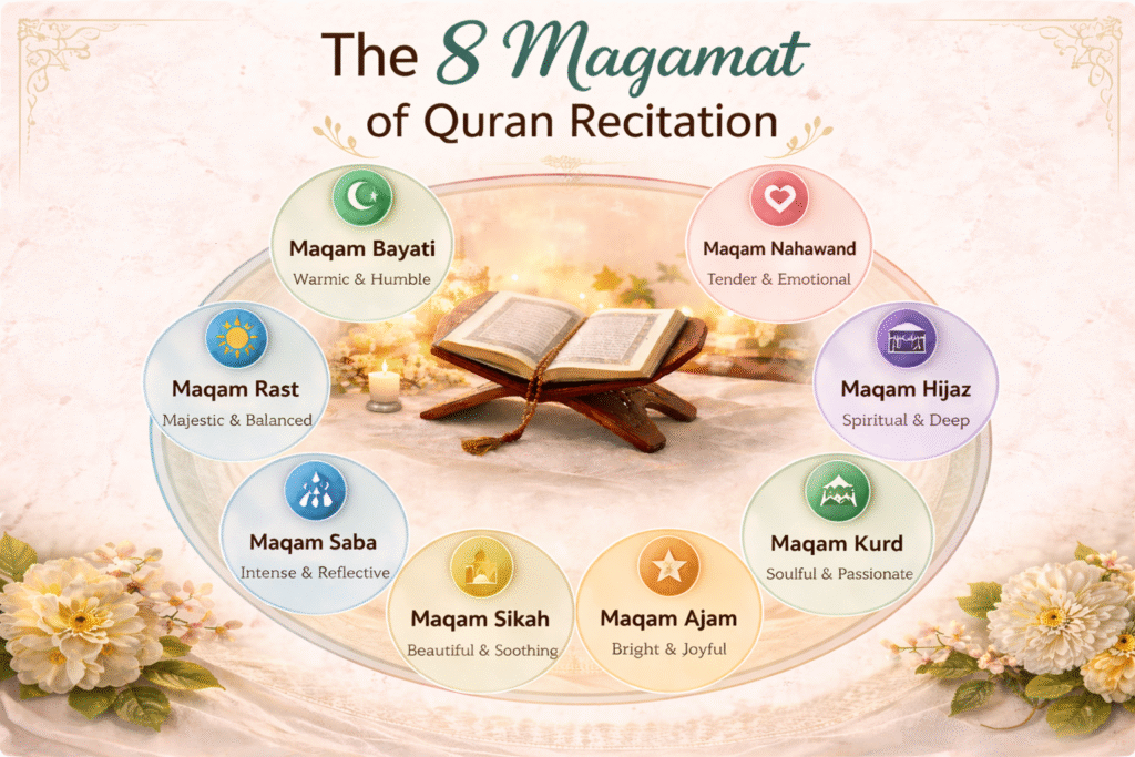 Infographic showcasing 'The 8 Maqamat of Quran Recitation' with pastel icons representing each Maqam. Each Maqam, including Maqam Bayati and Maqam Rast, is symbolized with a distinct icon, offering a spiritual and educational look at Quranic melodic modes