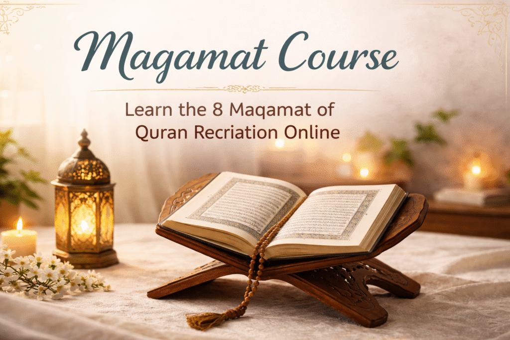 Beautifully arranged Quran resting on an ornate wooden stand with prayer beads and a warm lantern, highlighting the Maqamat Course for Quran recitation. Soft, spiritual lighting enhances the serene and inviting atmosphere, symbolizing the journey of mastering Quranic recitation