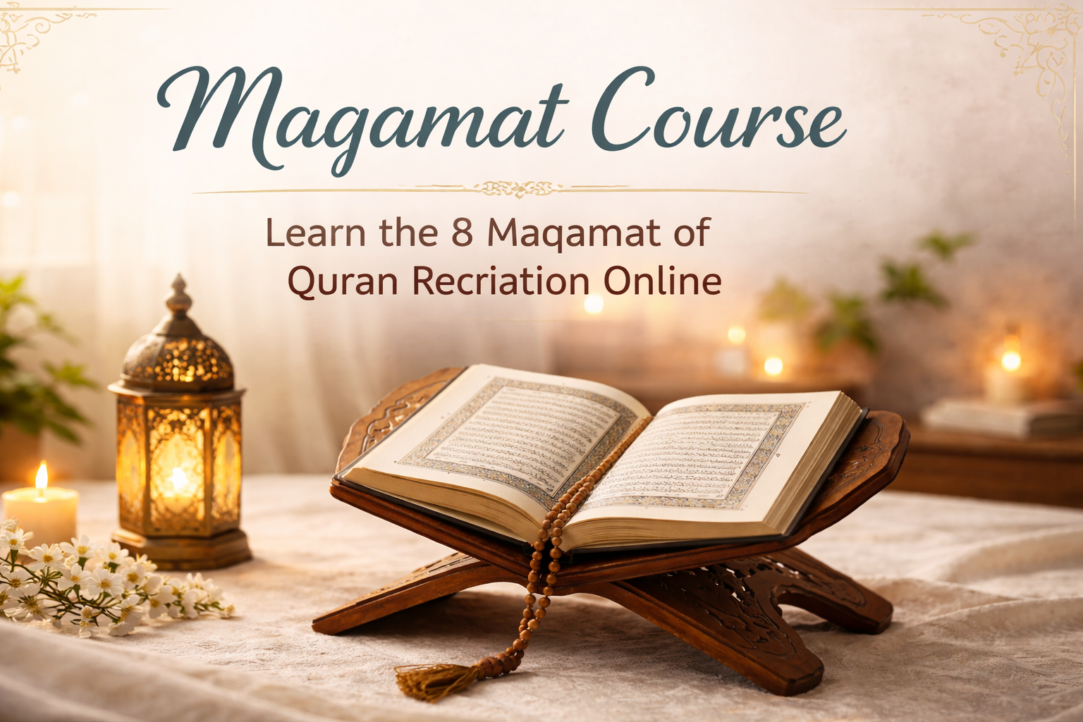 Beautifully arranged Quran resting on an ornate wooden stand with prayer beads and a warm lantern, highlighting the Maqamat Course for Quran recitation. Soft, spiritual lighting enhances the serene and inviting atmosphere, symbolizing the journey of mastering Quranic recitation