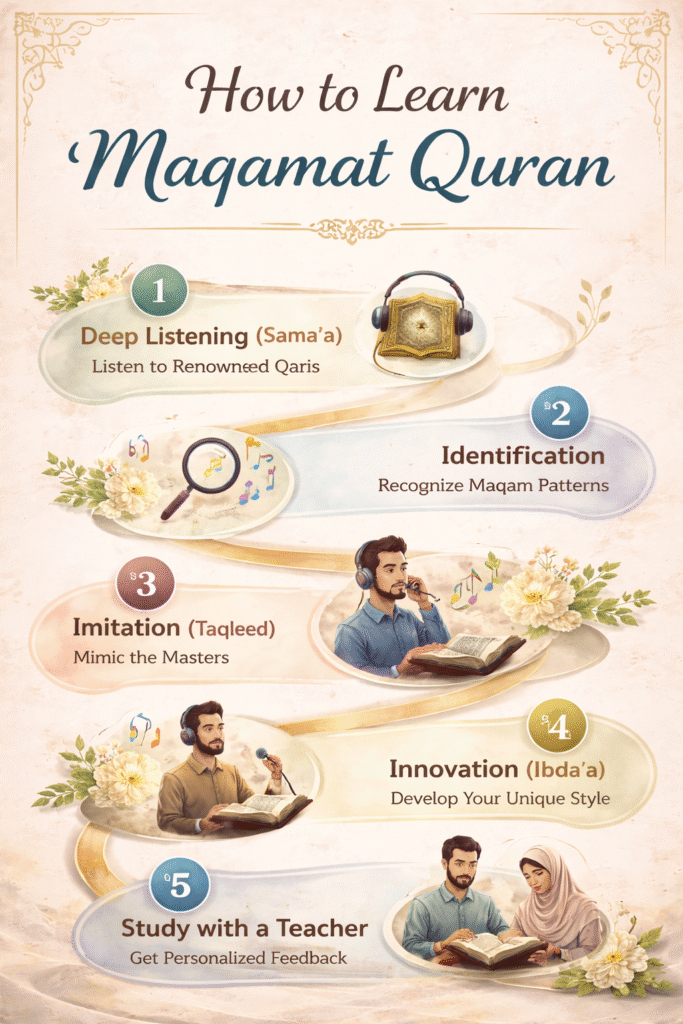 Infographic illustrating the five steps to learn Maqamat Quran: Deep Listening, Identification, Imitation, Innovation, and Study with a Teacher. Visual icons accompany each step, guiding learners through the process of mastering Quranic melodic modes with personalized feedback.