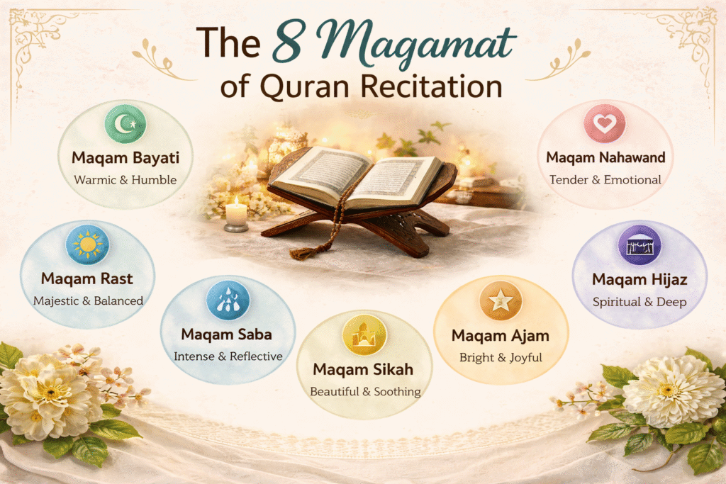 Infographic showcasing 'The 8 Maqamat of Quran Recitation' with pastel icons representing each Maqam. Each Maqam, including Maqam Bayati and Maqam Rast, is symbolized with a distinct icon, offering a spiritual and educational look at Quranic melodic modes.